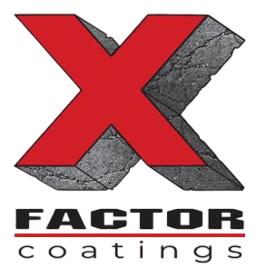 This image shows a logo featuring a large, stylized red "X" with a textured look overlaid with the words "FACTOR coatings" in a modern font.