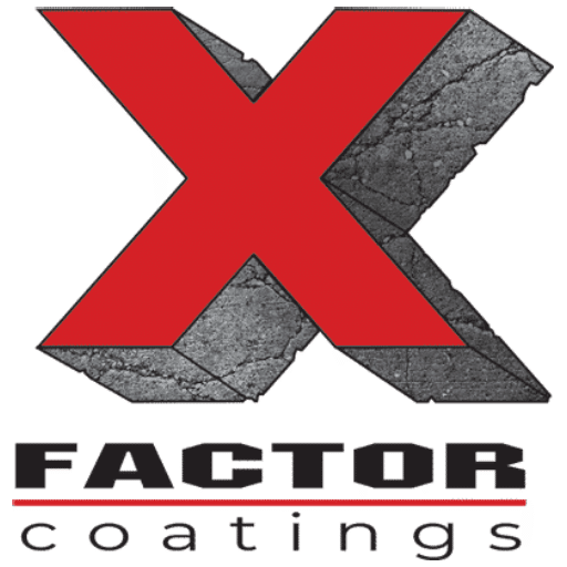 The image displays a large red "X" with a textured, stone-like appearance, situated above the bold, black text "FACTOR coatings" on a white background.